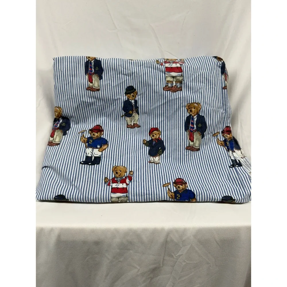 Vintage 90s Ralph Lauren Polo Bear Blue Stripe Cotton Fabric Twin Sheet USA Made
